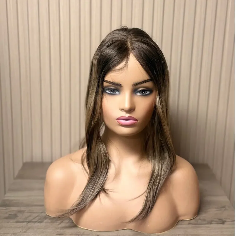 Human Hair Topper 18in Brown Blonde Highlights Clip In Hairpiece NEW